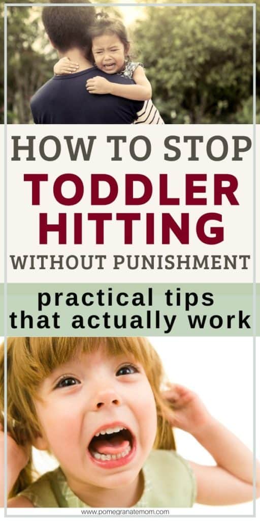Dad consoling a crying toddler and an aggressive toddler trying to hit with text How to stop toddler hitting without punishment