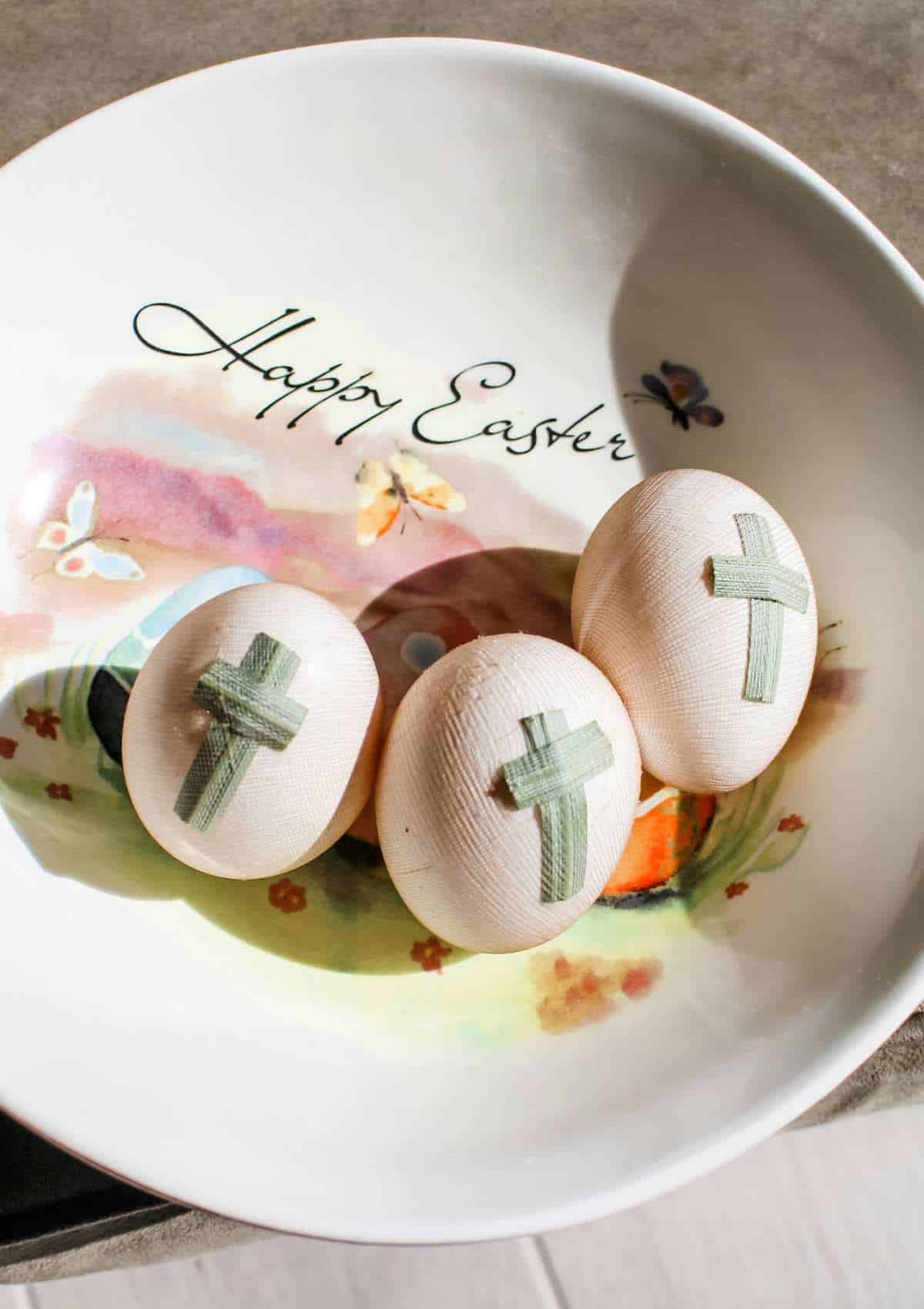 Easter eggs wrapped in nylon stocking for an onion skin dye bath