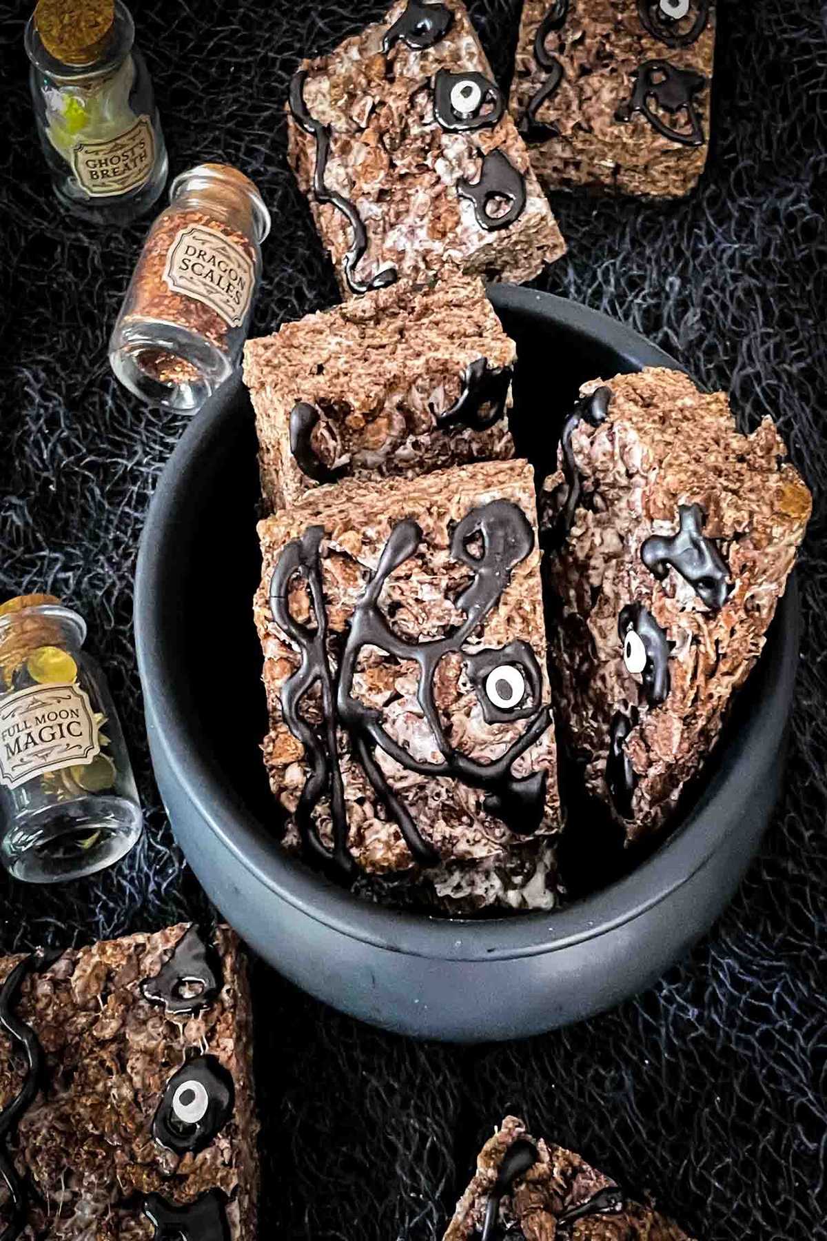 Spooky hocus pocus brownies served in a bewitching bowl for a Halloween snack.