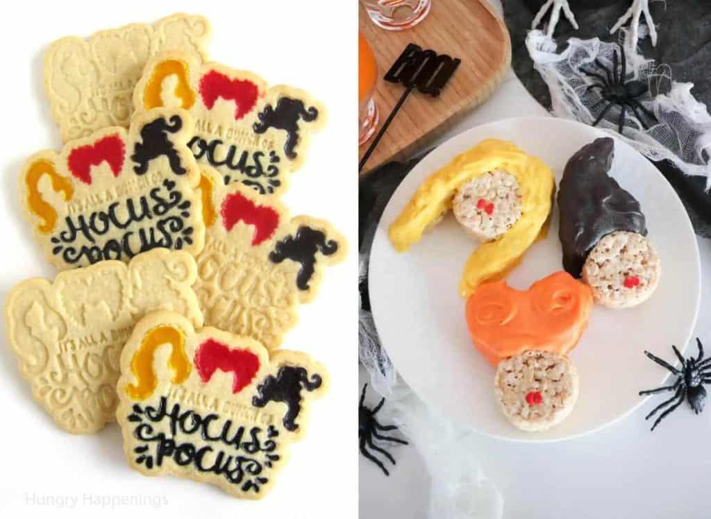 A collage of two images - one with hocus pocus cokies, the other with Sanderson sisters as rice krisps on a white plate.