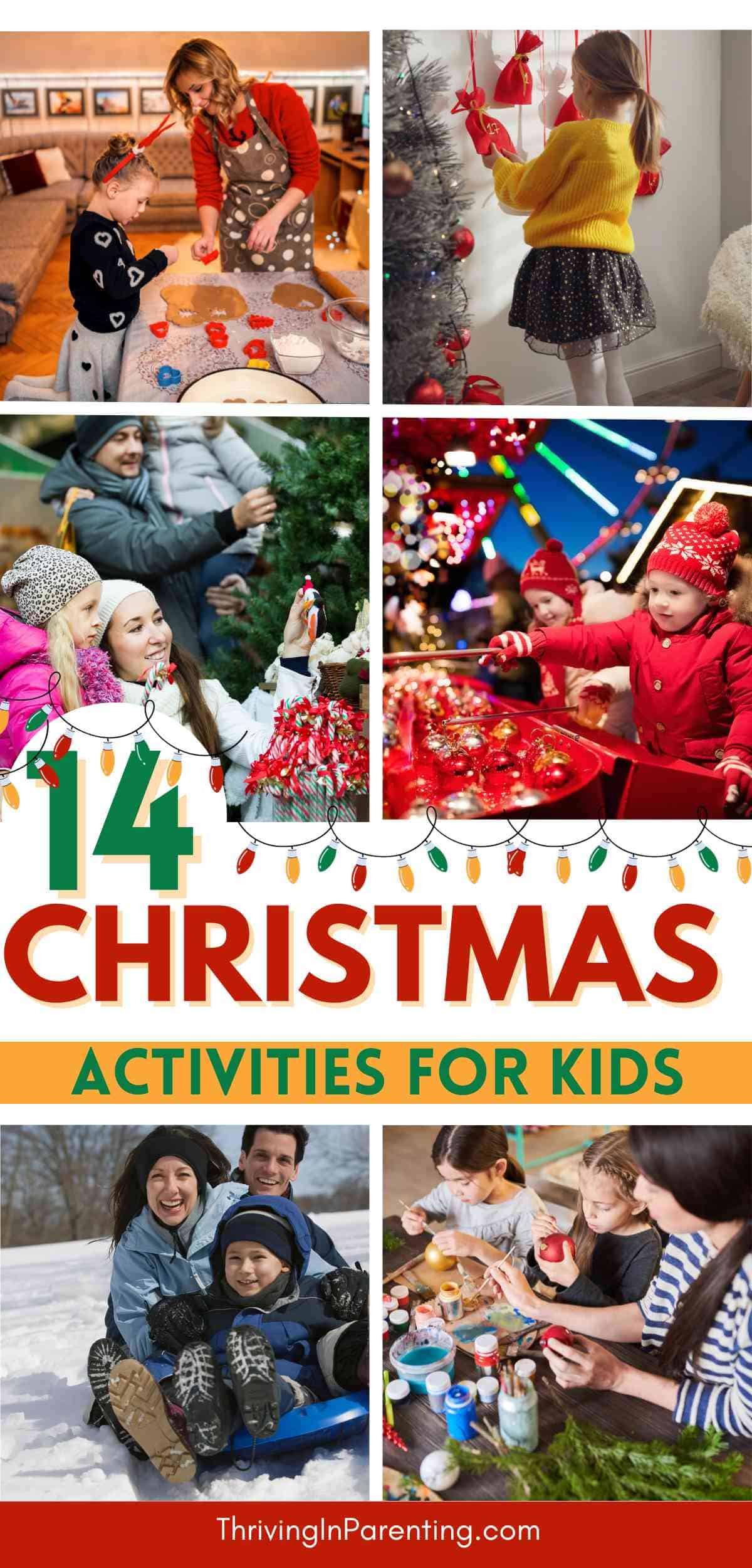 Pin image of a collage of Christmas activities for kids.