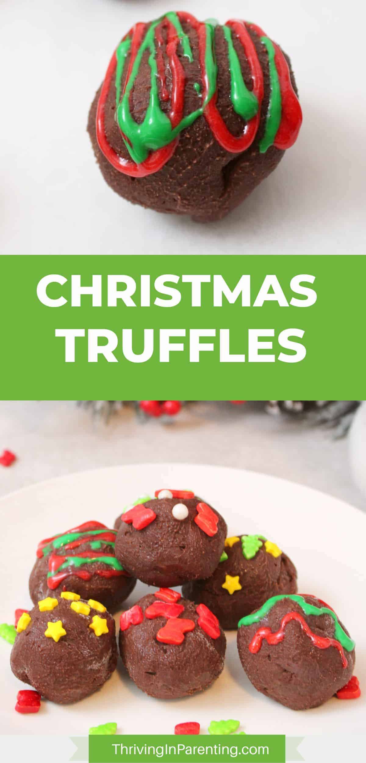 Christmas truffles on a plate with green and red decorations.