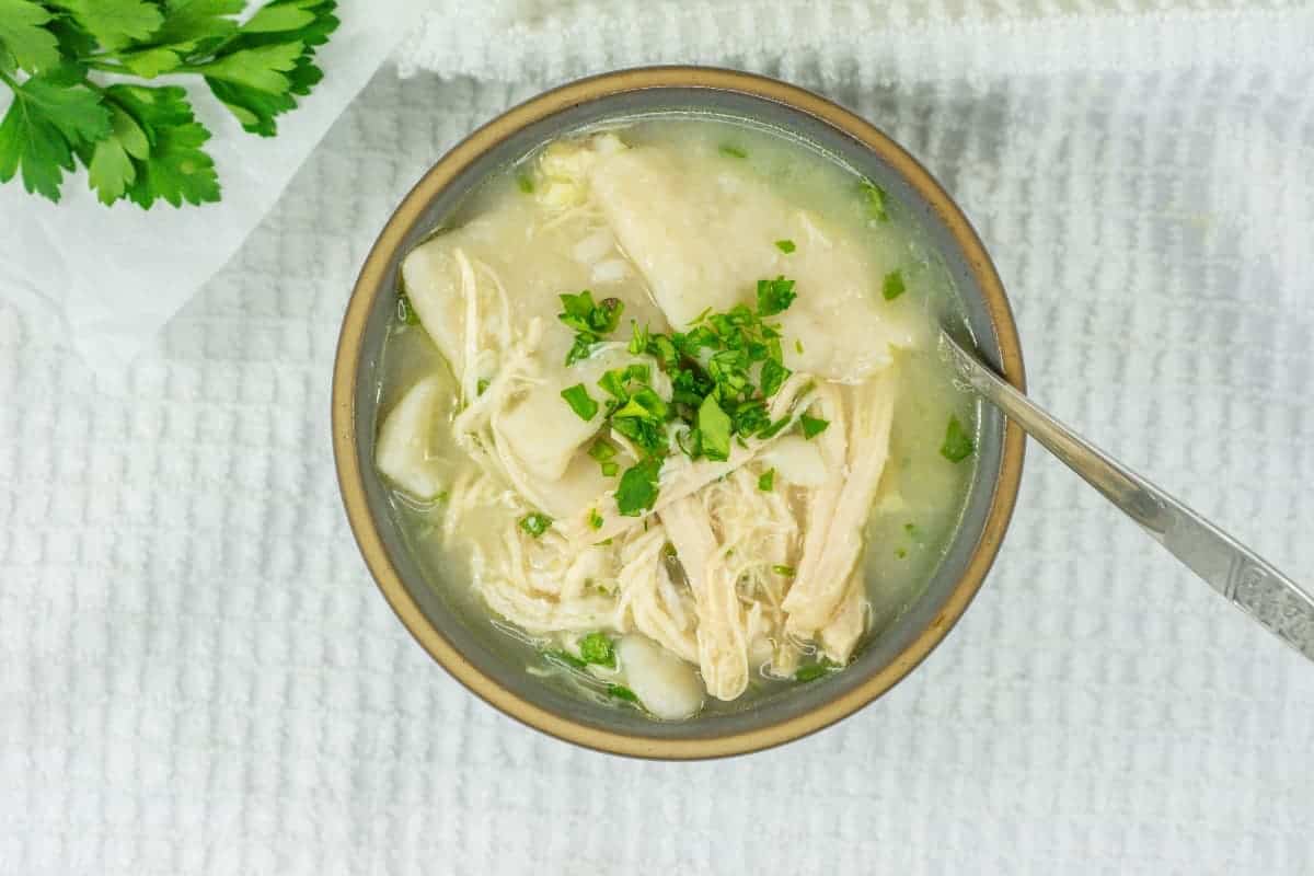 Chicken and dumplings in a bowl with parsley.