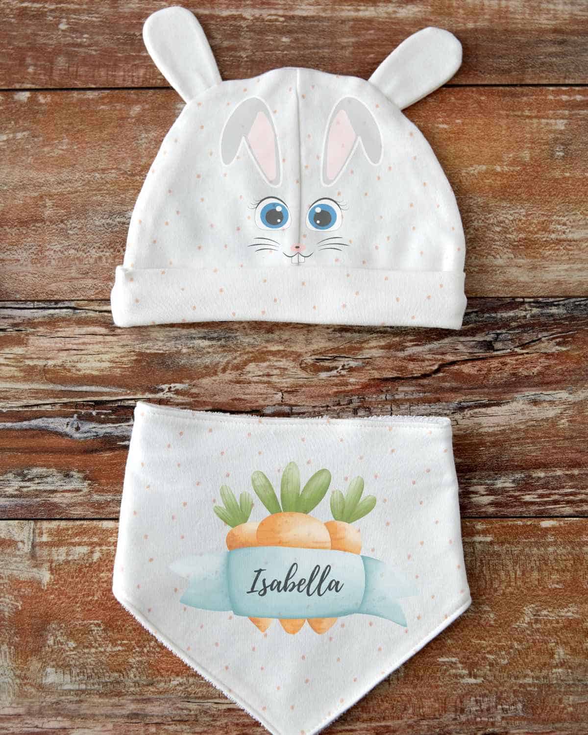 Personalized bunny hat and bib set.