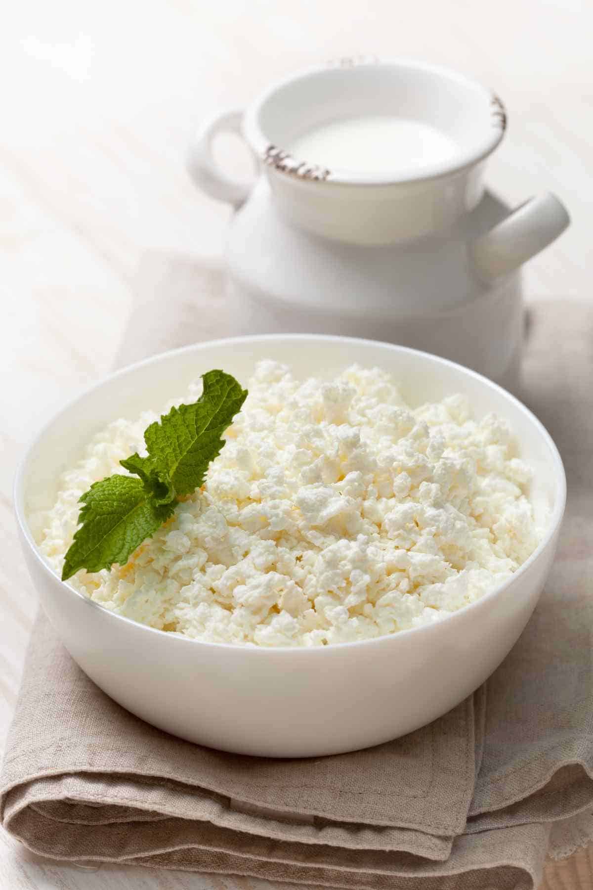 A bowl of cottage cheese garnished with a mint leaf, with a jug of milk in the background.