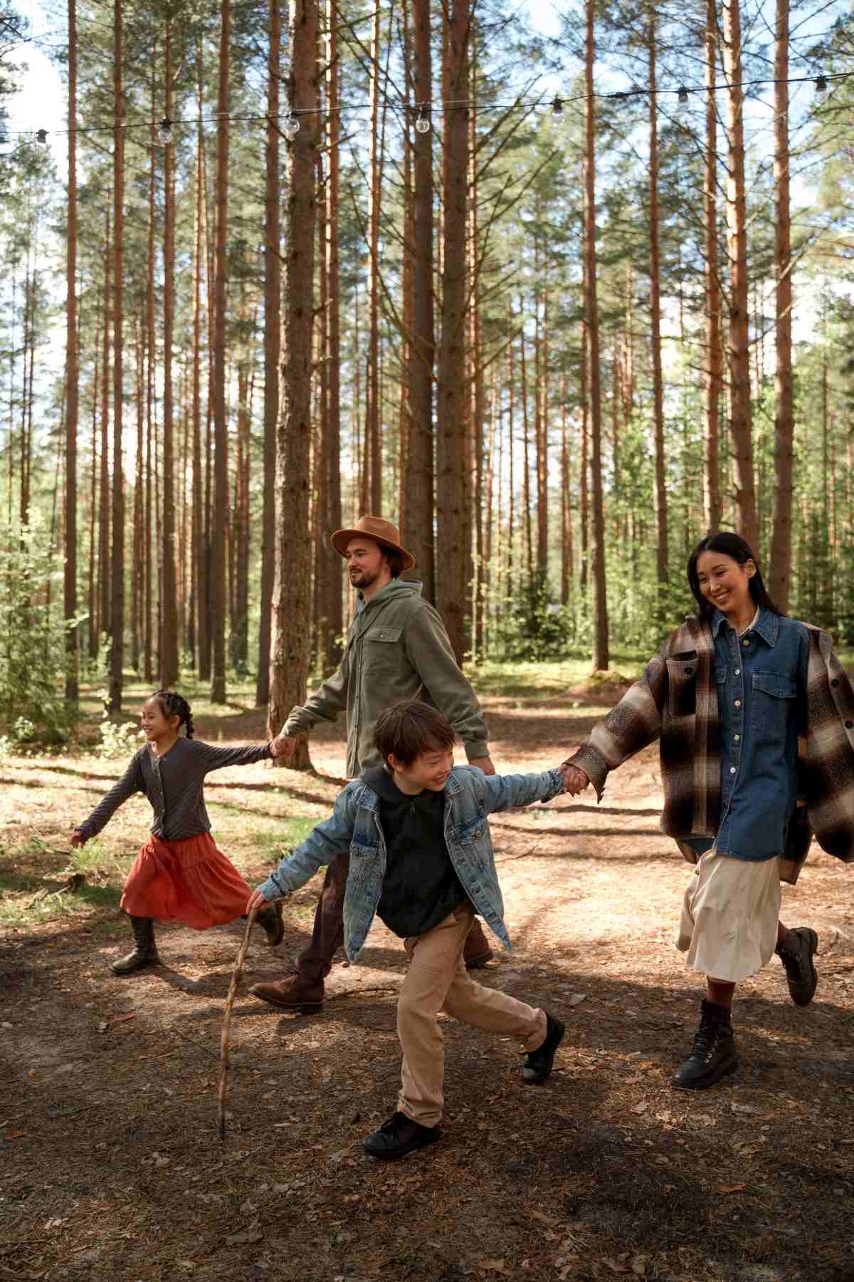Family holding hands and walking playfully through a pine forest.