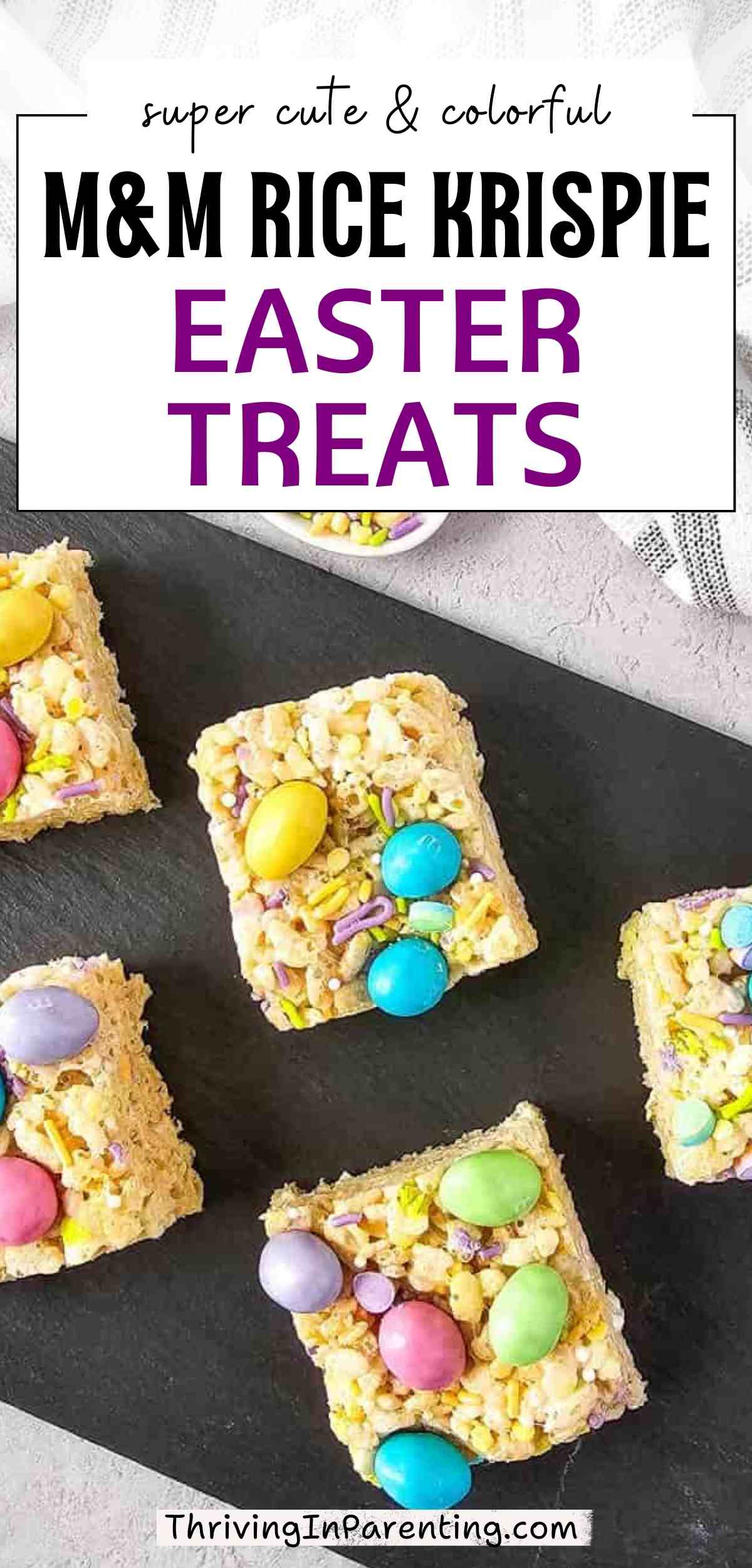 Pin image of M&M rice krispie Easter treats.