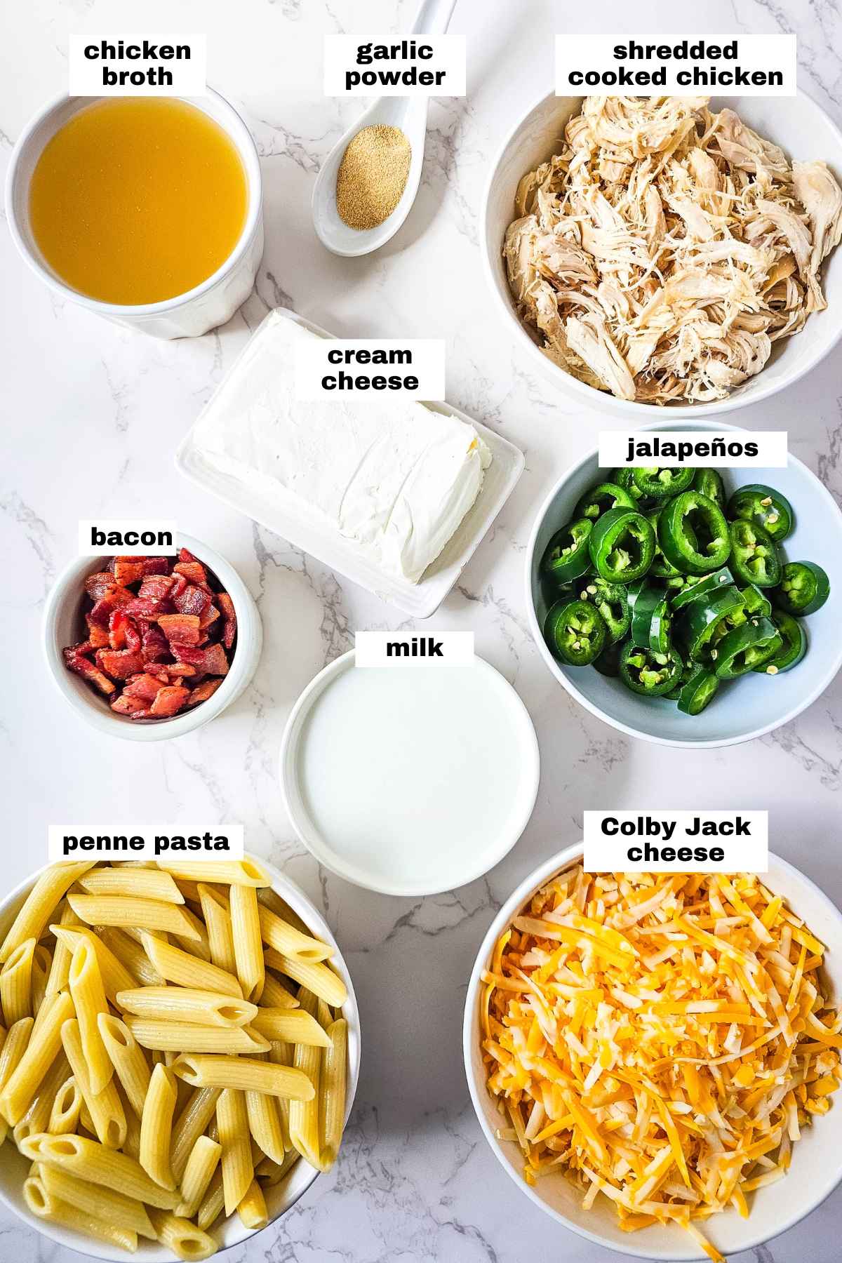 Ingredients needed for jalapeño poppers chicken casserole recipe.