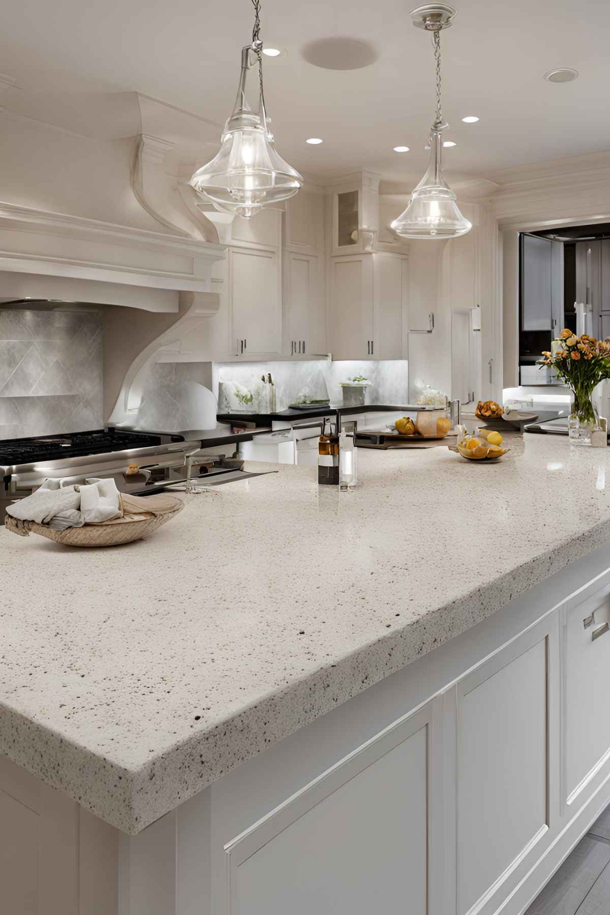A modern kitchen with white cabinets, a large speckled granite island, pendant lights, and various items including flowers, fruits, and a cutting board on the countertop.