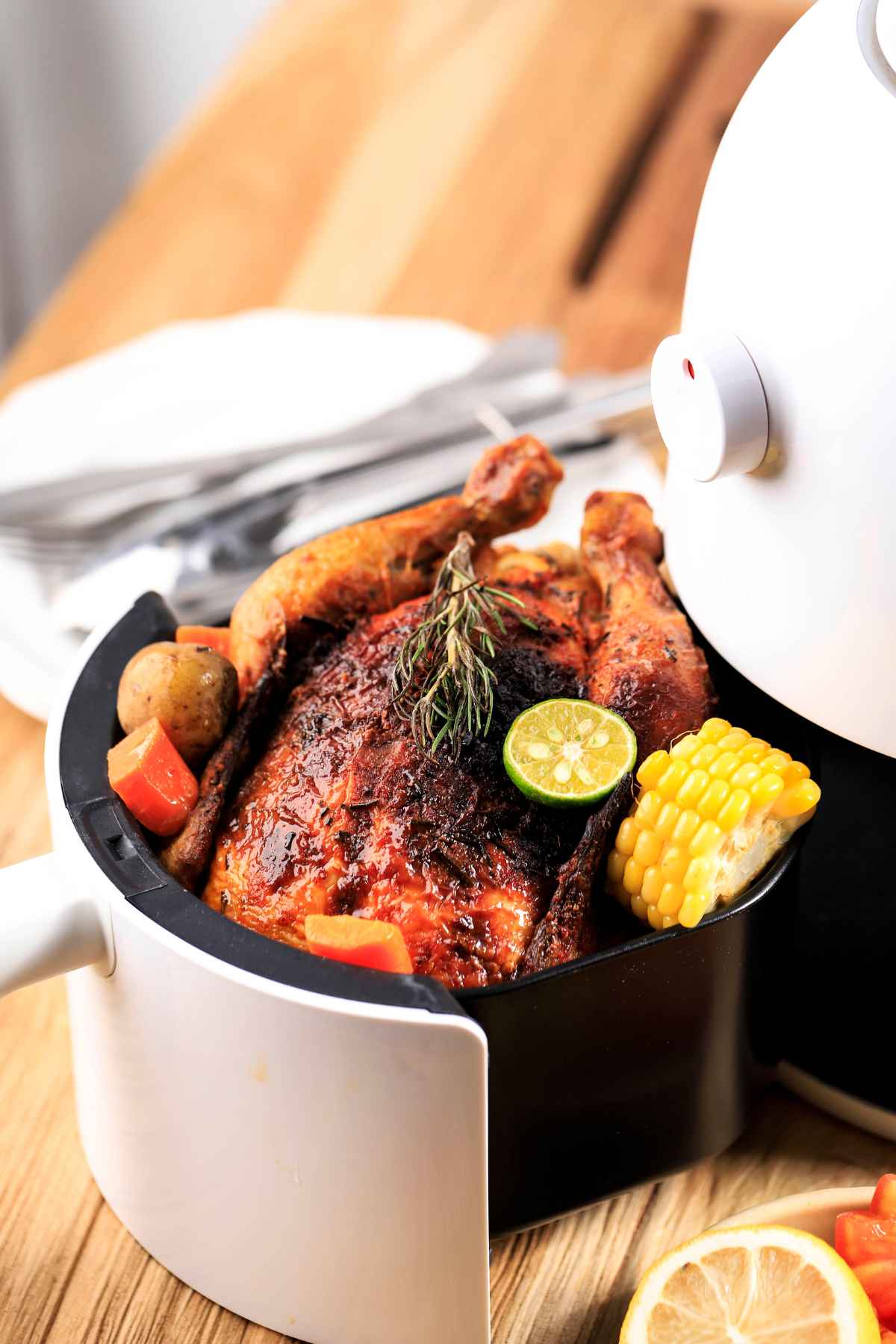 A roasted chicken resting in an air fryer basket garnished with a slice of lime, rosemary, baby potatoes, carrot pieces, and a piece of corn on the cob.