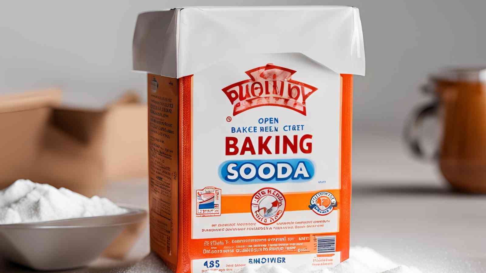 A box of baking soda labeled "BAKING SOODA" is on a countertop.