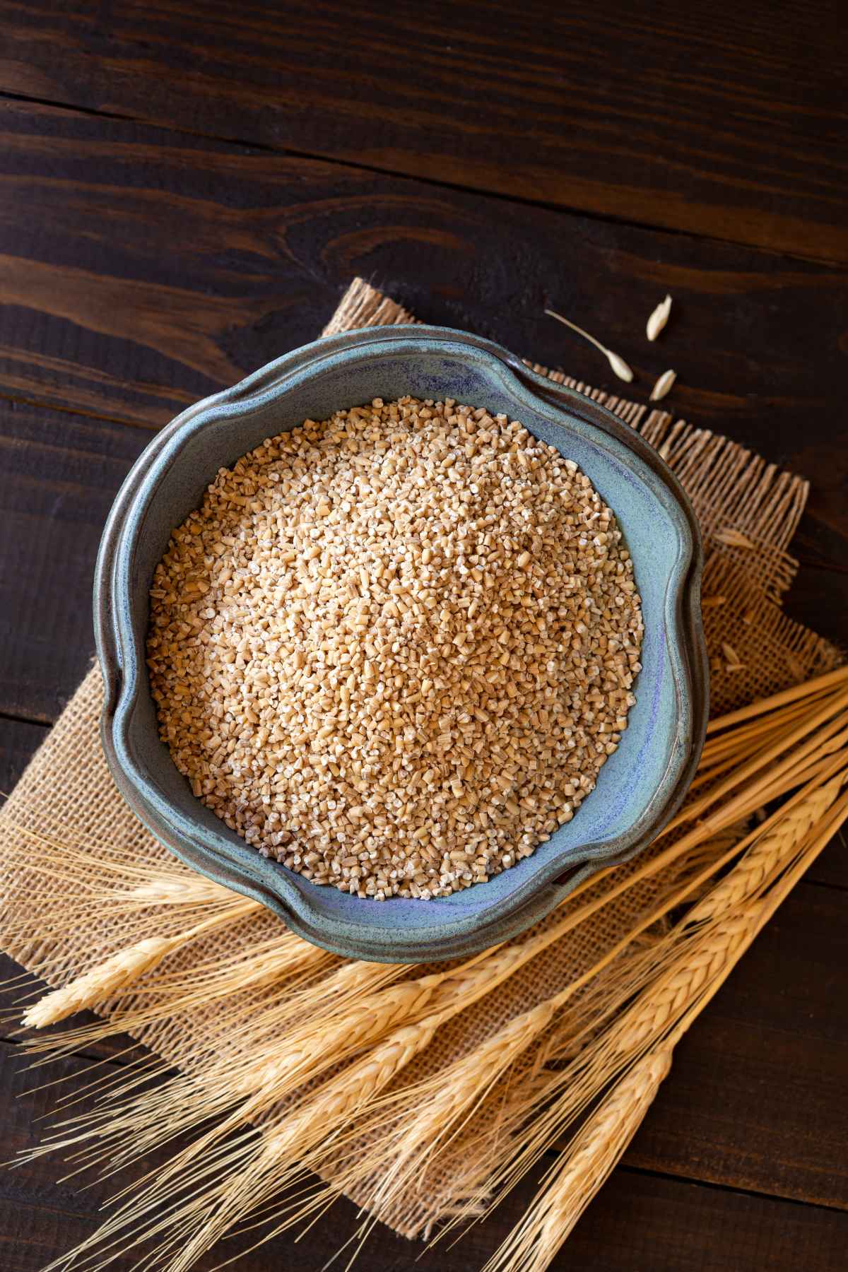 A bowl of steel-cut oats on a wooden surface, surrounded by stalks of barley.