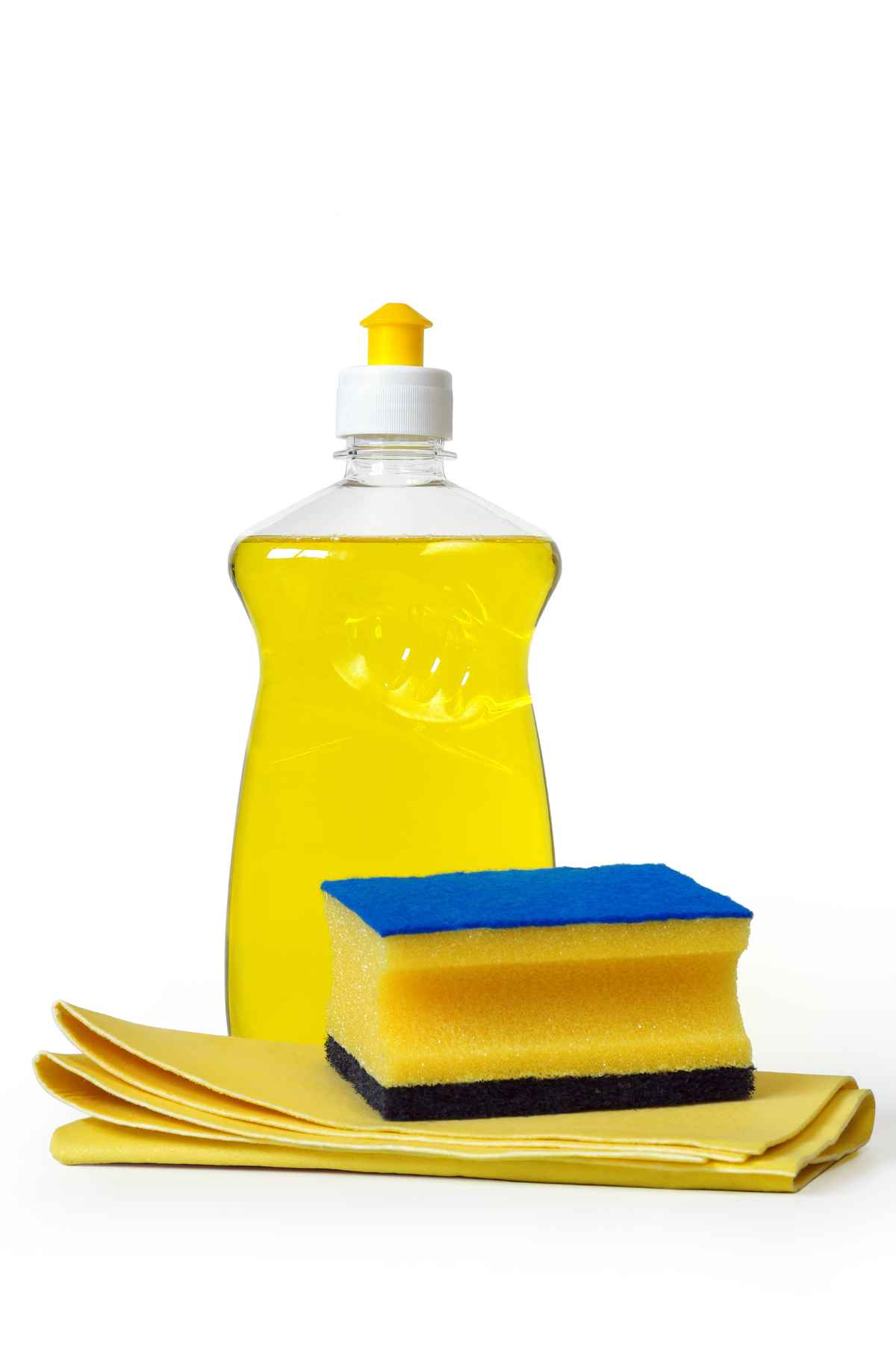 A bottle of yellow dishwashing liquid, a yellow and blue sponge, and folded yellow cleaning cloths arranged against a white background.