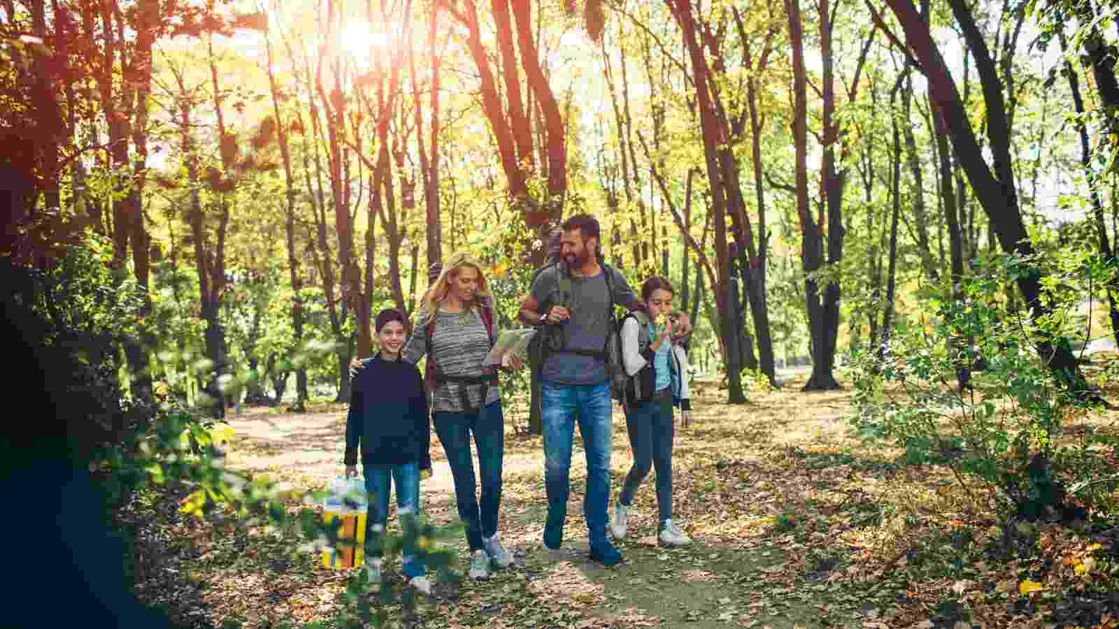 A family of five walks through a forest on a sunny day, carrying backpacks and holding hands.