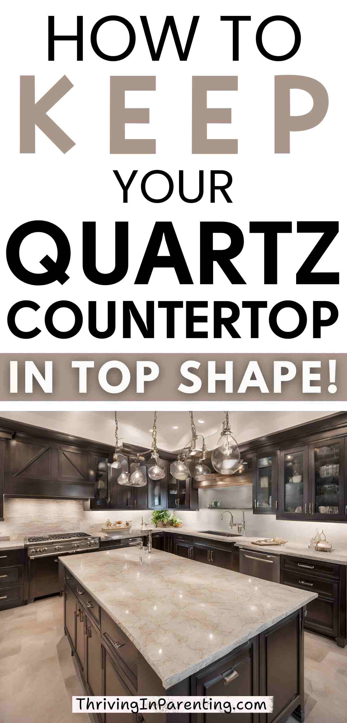 Pin image of how to clean quartz countertop.