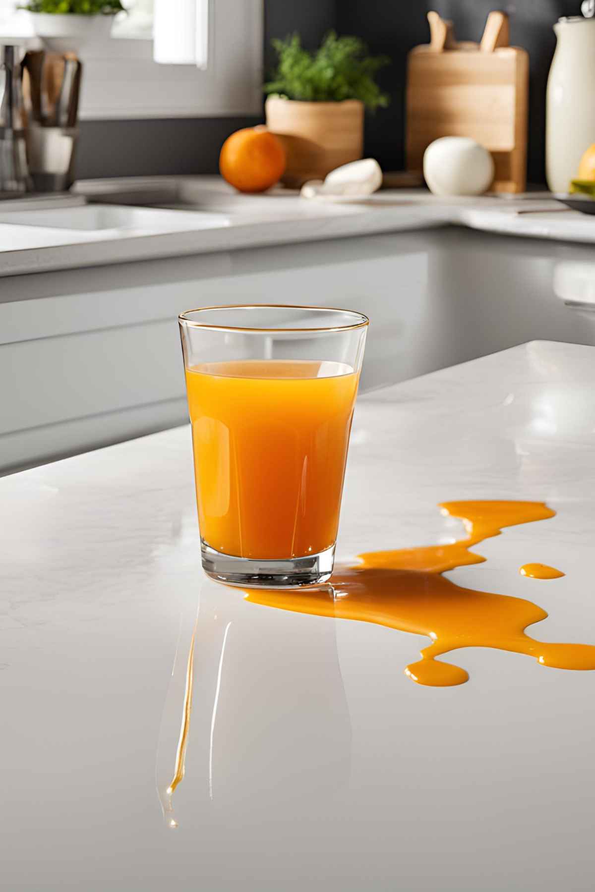 A glass of orange juice on a kitchen counter with some juice spilled around it.