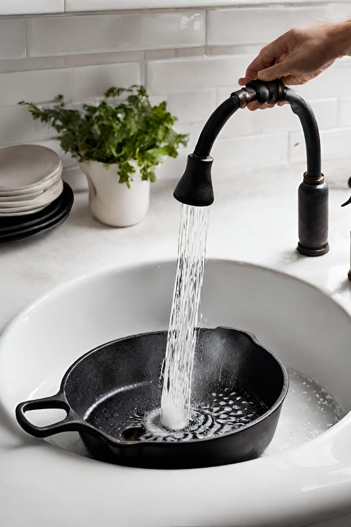 A person's hand filling a cast iron cookware with water.