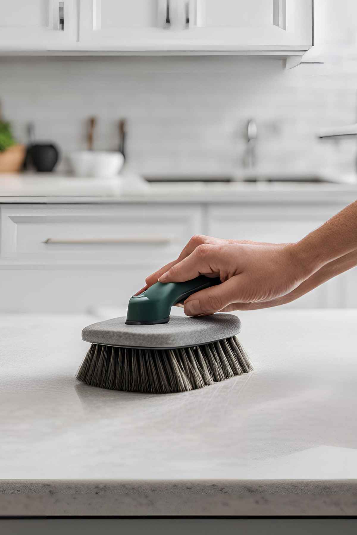 A hand holding a scrub brush is cleaning a white countertop in a kitchen setting.