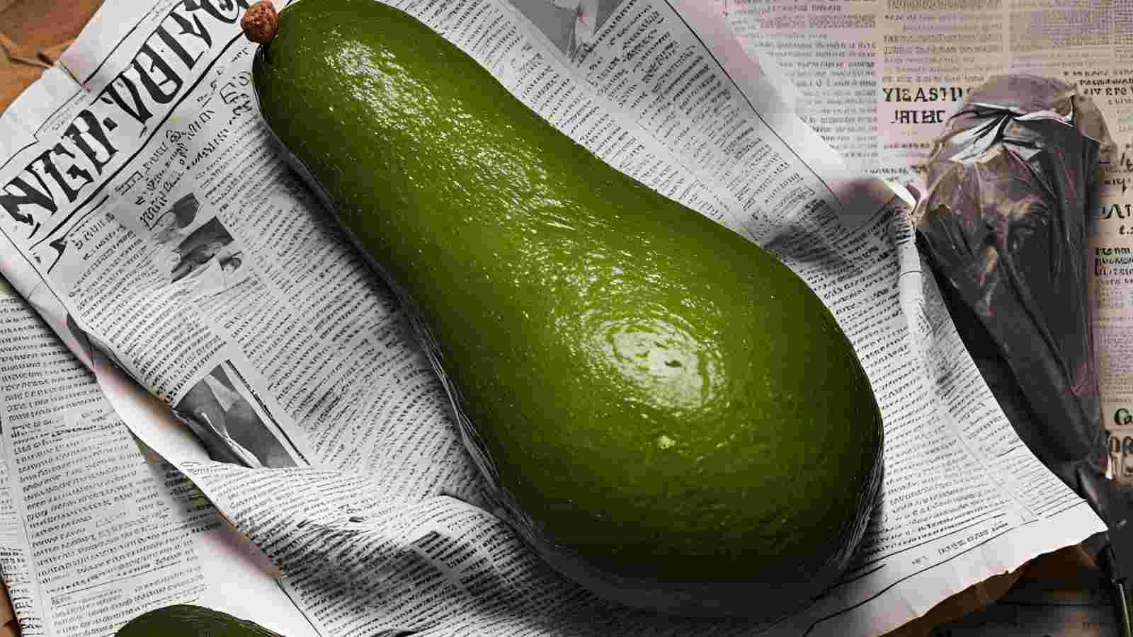 A large, green avocado placed on a spread-out newspaper.