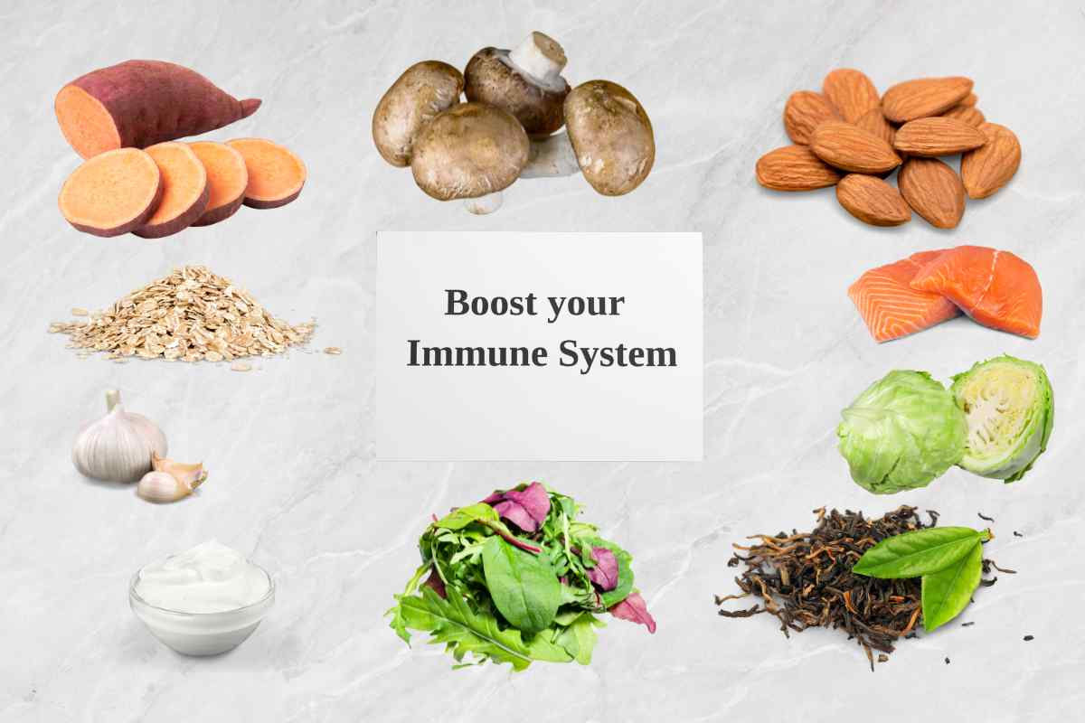 Immunity boosting foods on a table.