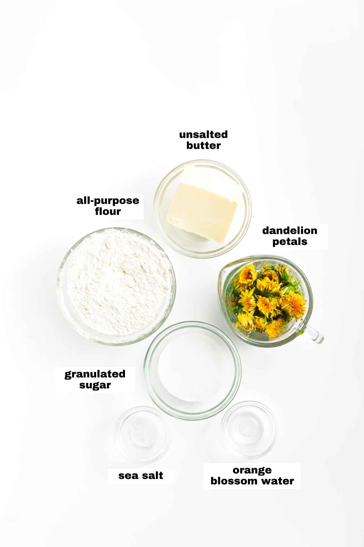 Ingredients needed for dandelion shortbread cookie recipe.