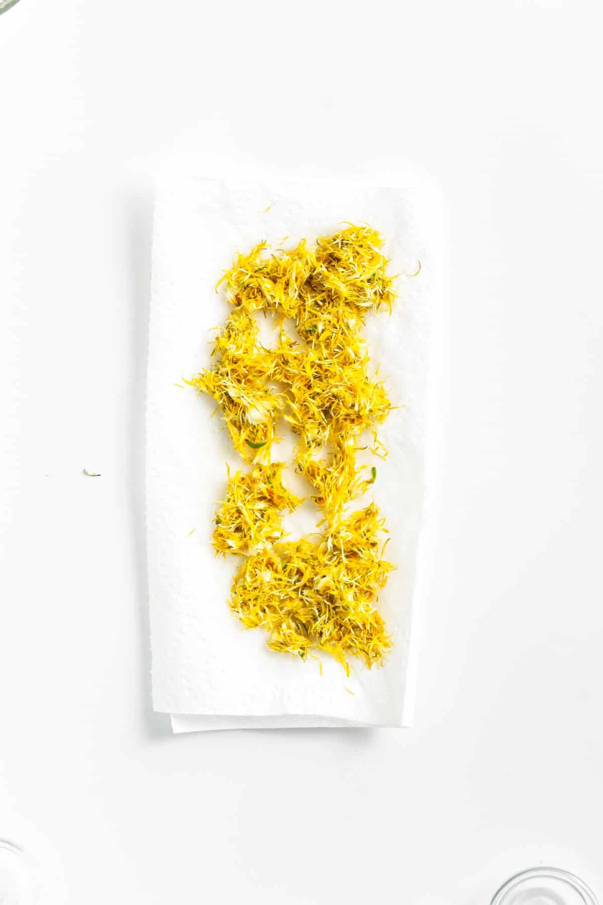Dandelion petals spread out on white paper towels against a plain background.