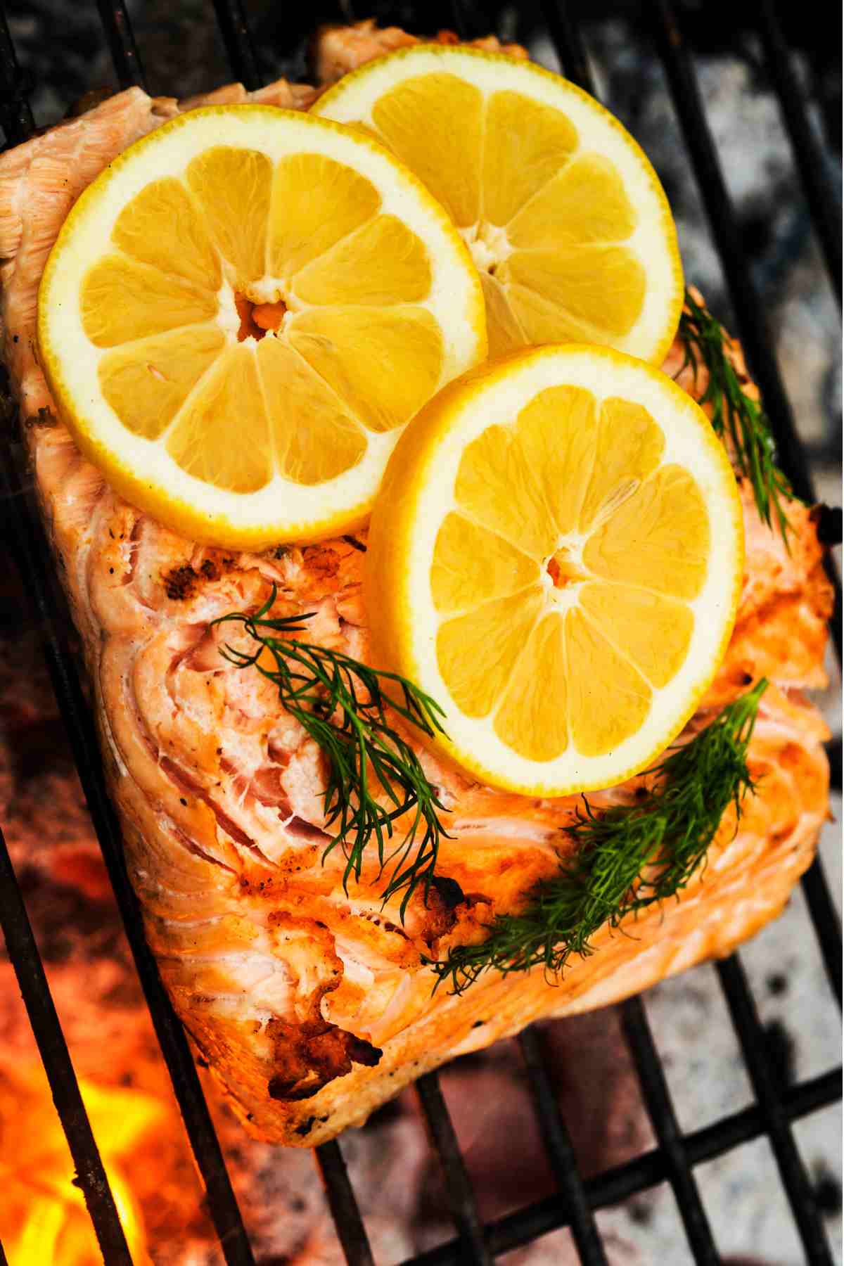 Grilled salmon fillet topped with three lemon slices and garnished with fresh dill on a grill.