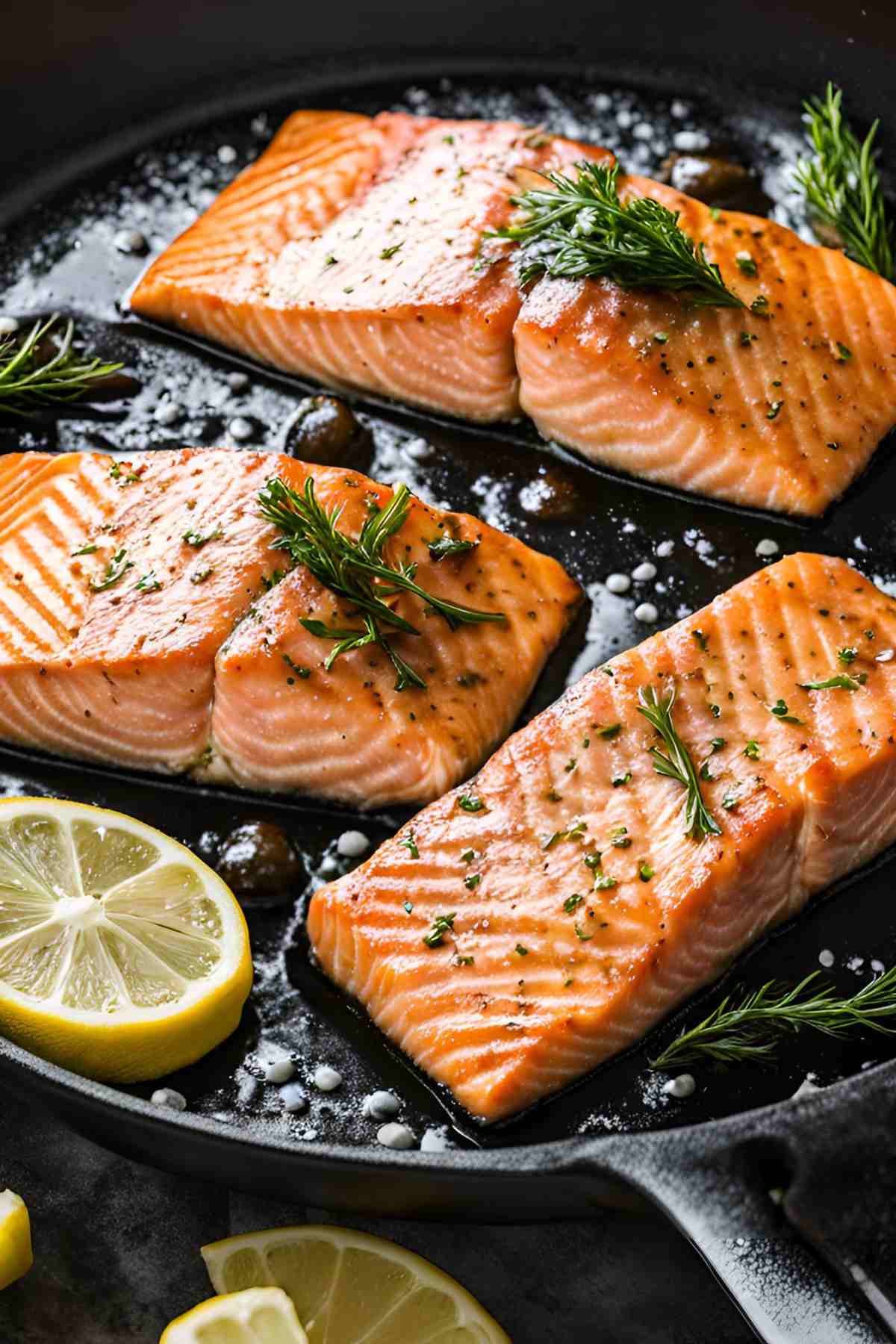 Three cooked salmon fillets garnished with rosemary and lemon slices are shown in a black pan.