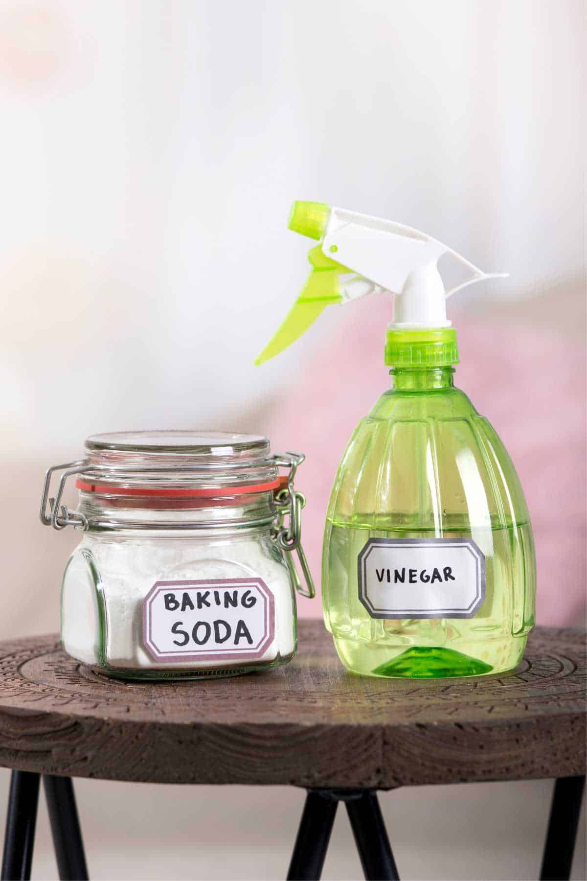 A jar labeled "Baking Soda" and a spray bottle labeled "Vinegar" placed on a wooden table.