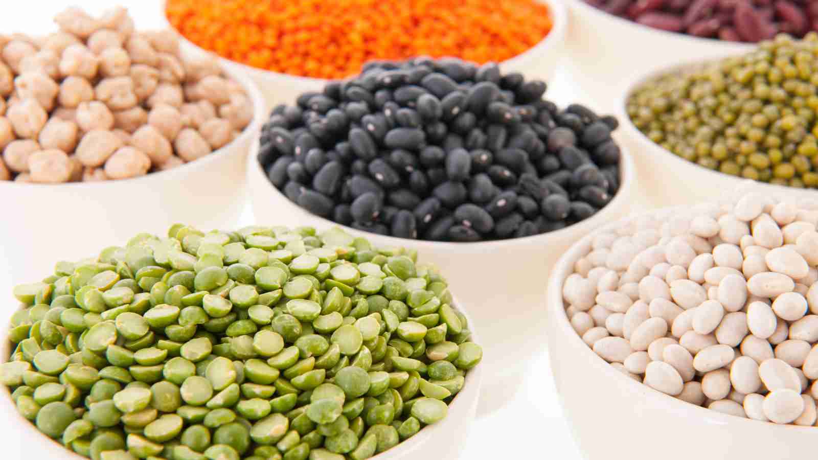 Various bowls containing different types of beans and lentils.