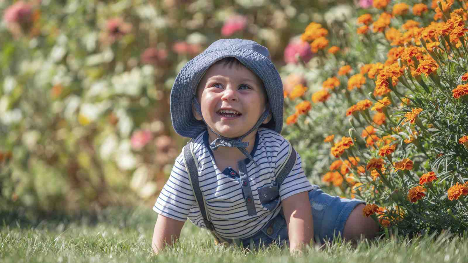 A toddler in a striped shirt and bucket hat crawls on grass next to blooming orange flowers.
