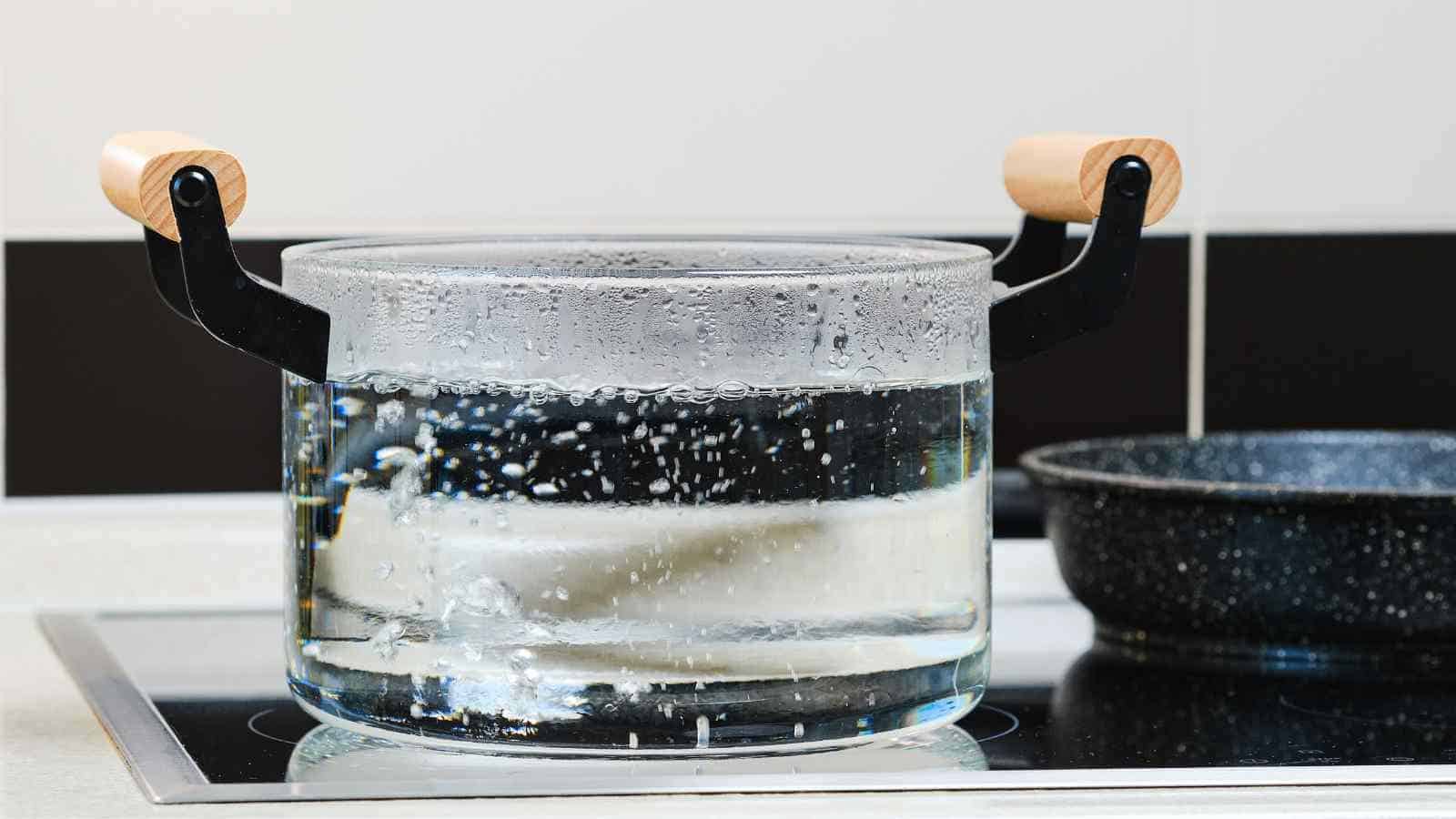 A glass pot with wooden handles is boiling water on an electric stovetop next to a black frying pan.