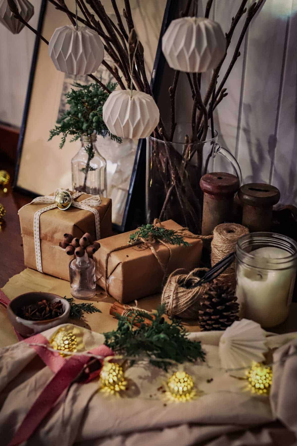 A vintage Christmas table setup.