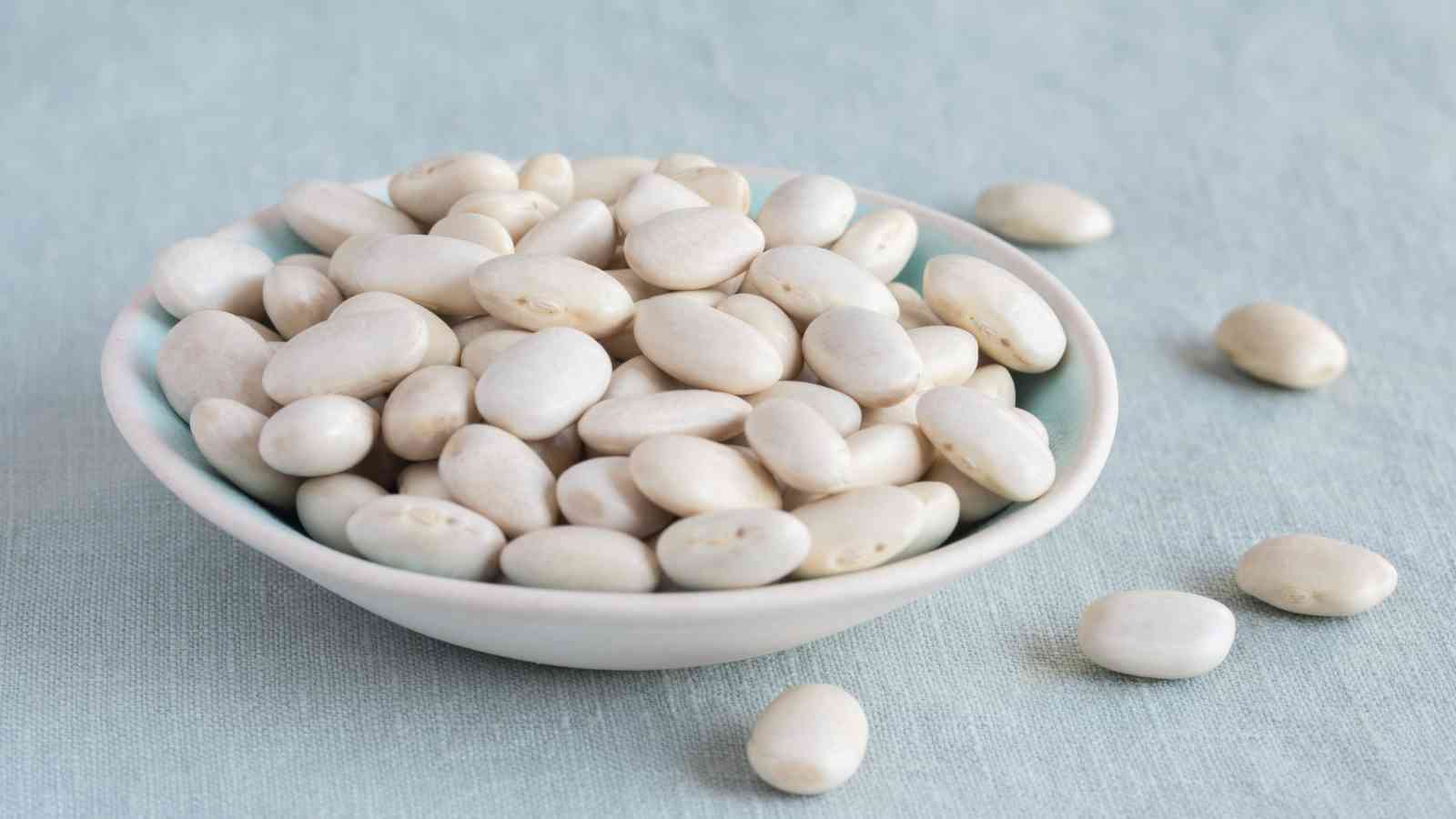 A bowl of white beans placed on a light blue surface with a few beans scattered around.