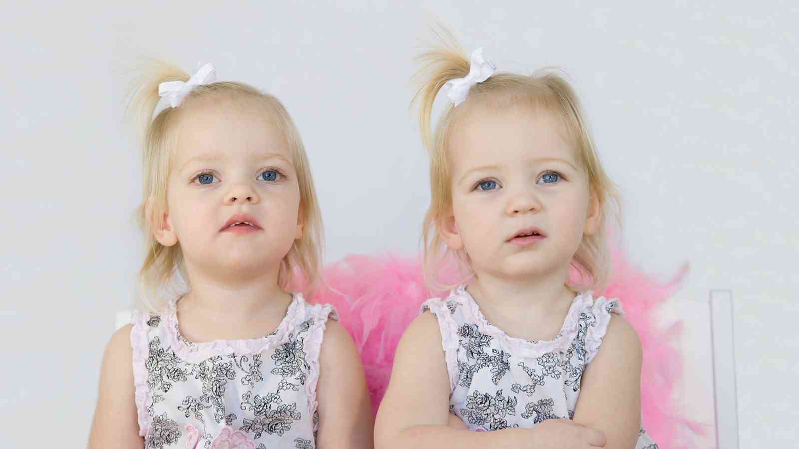 Twin baby girls wearing mothing dress.