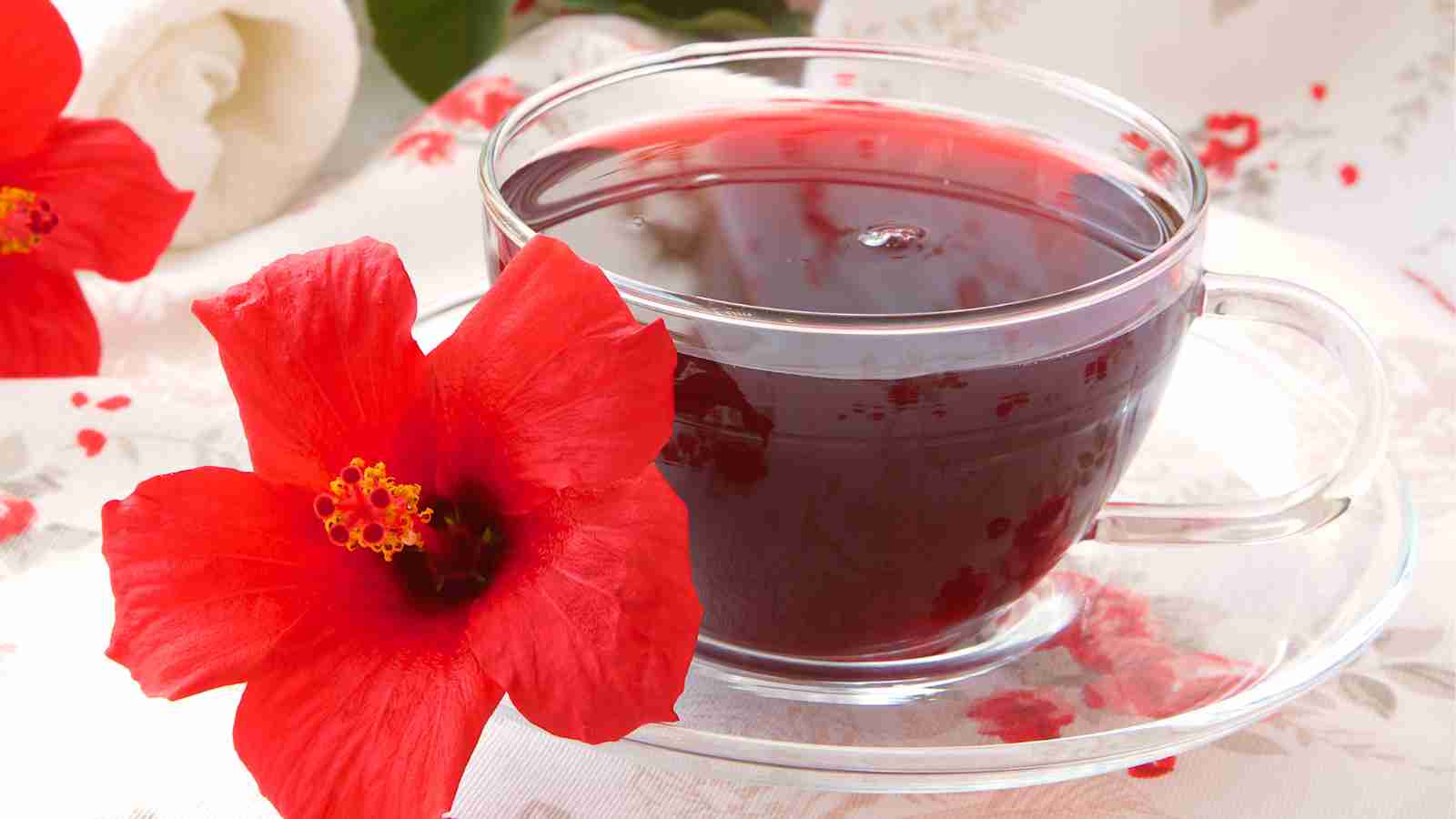 A clear glass teacup filled with hibiscus tea sits on a saucer.