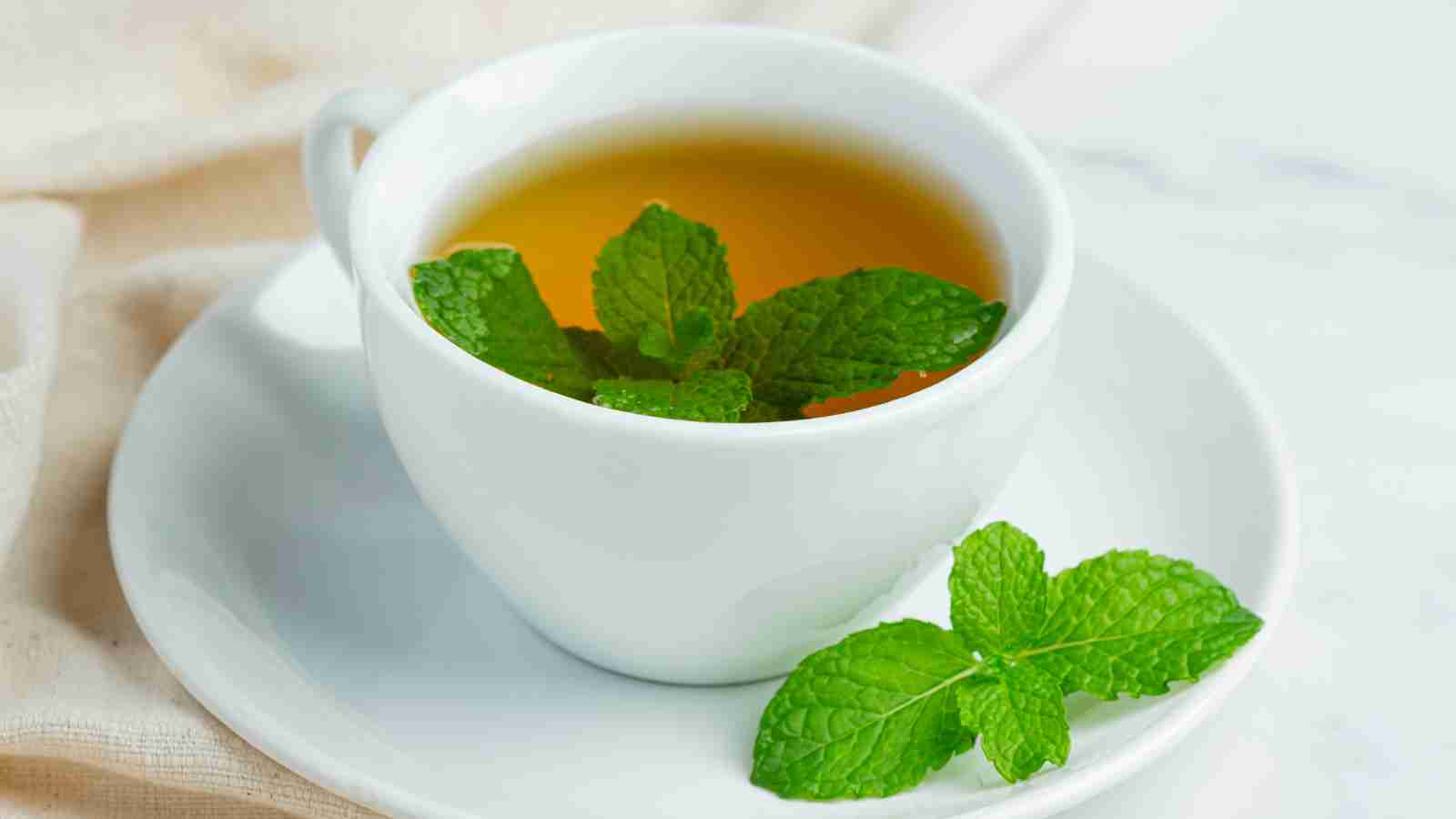 A white cup filled with herbal tea, garnished with fresh mint leaves.