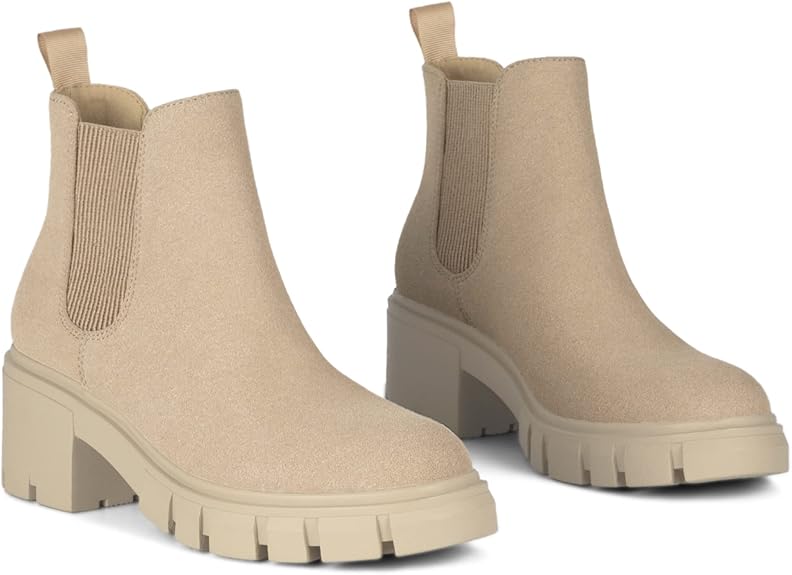 A soft suede chunky heel slip on elastic ankle boots.