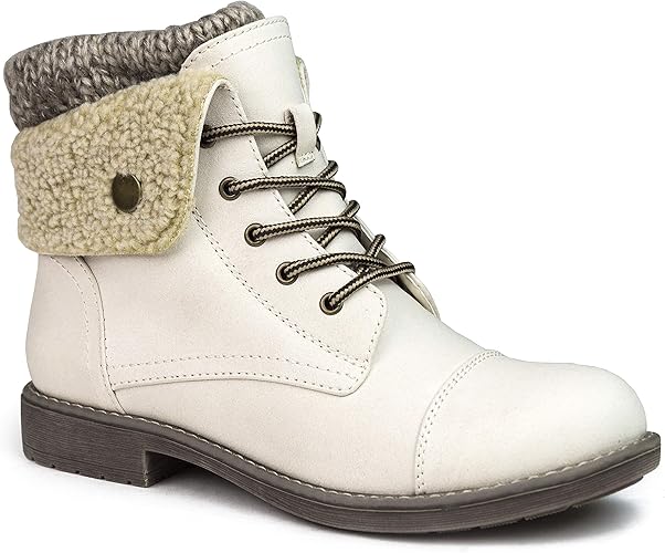 A white hiking style boot with a fleece lining.