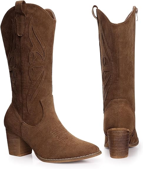 A brown embroidered cowboy boots.