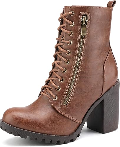 A brown high chunky heeled combat ankle boot.