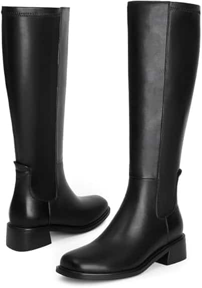 A black knee high faux leather elastic boots.