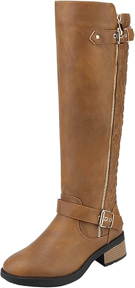 A brown knee high low heel riding boot with a zipper on the side.