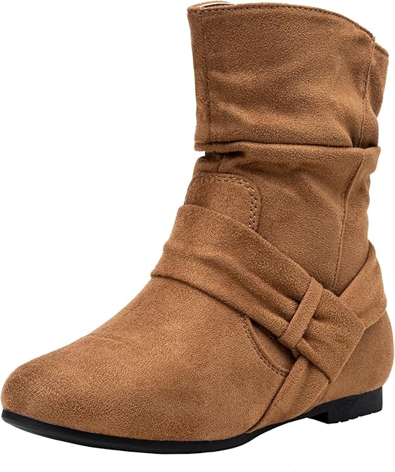 A brown mid calf flat boots.