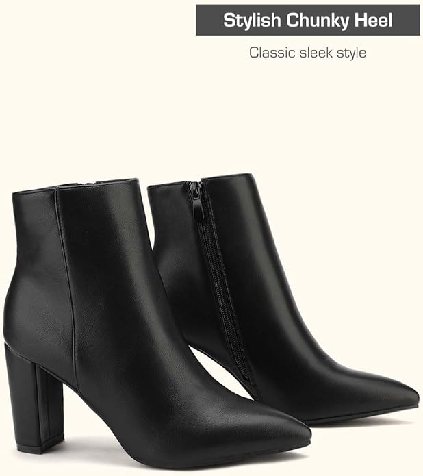 A black pointed toe chunky heel ankle boot.