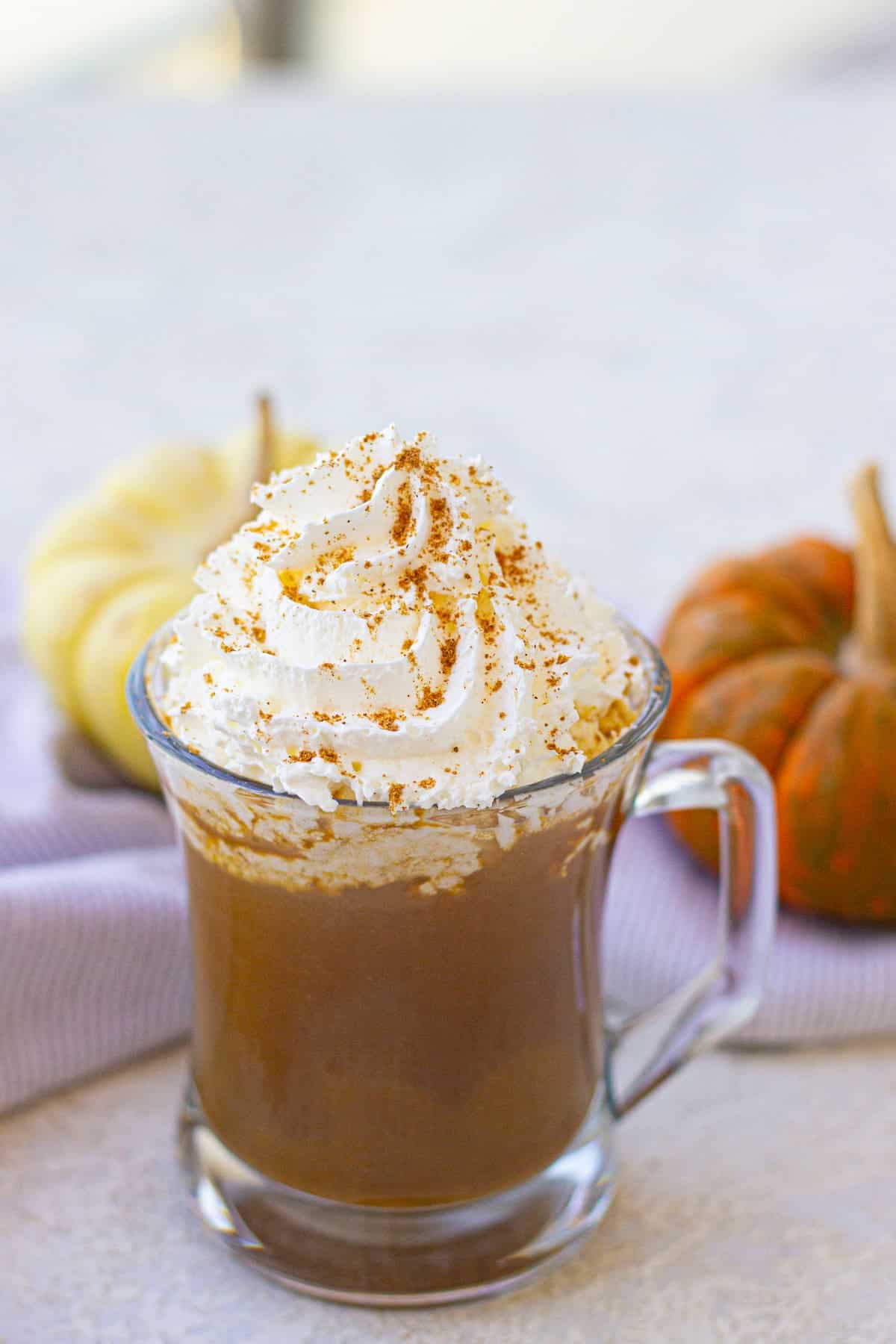 A clear glass mug filled with a creamy pumpkin beverage, topped with whipped cream and a sprinkle of cinnamon, with two small pumpkins in the background.