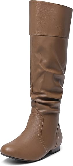 A brown wide calf knee high pull on boot.