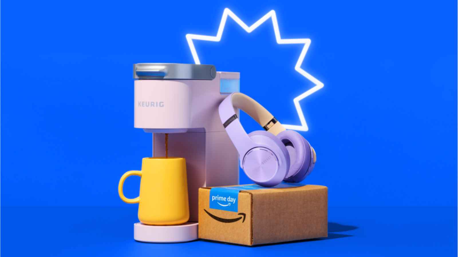 A lavender coffee maker, yellow mug, purple headphones, and a Prime Day Amazon box on a blue background with a white starburst outline.