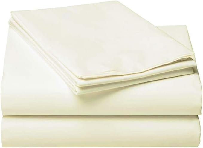 A neatly folded stack of cream-colored bed sheets against a white background.
