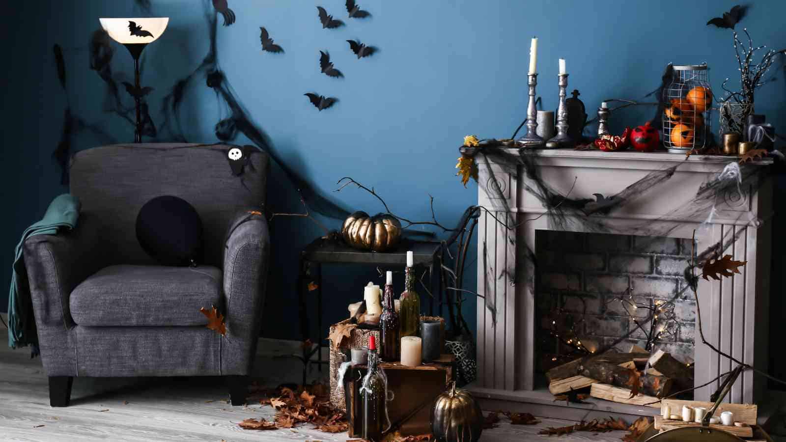 A cozy living room with Halloween decor.